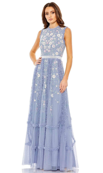 A-line Floral Print High-Neck Sleeveless Natural Waistline Polyester Floor Length Back Zipper Mesh Beaded Ruffle Trim Evening Dress