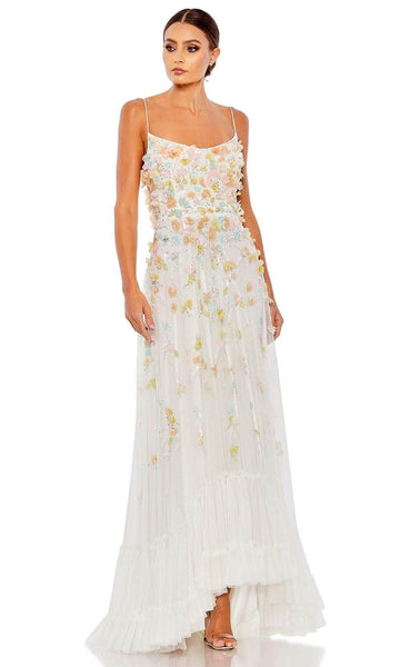 A-line Scoop Neck Polyester Backless Lace-Up Applique Sequined Tiered Beaded High-Low-Hem Sleeveless Spaghetti Strap Natural Waistline Floral Print Prom Dress with a Brush/Sweep Train With Ruffles