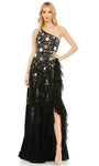 A-line Natural Waistline Sleeveless Slit Lace-Up Beaded Ruffle Trim Floral Print Prom Dress with a Brush/Sweep Train