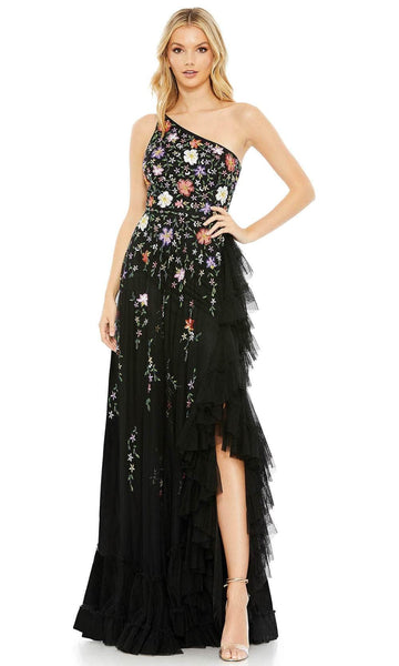 A-line Floral Print Ruffle Trim Lace-Up Slit Beaded Sleeveless Natural Waistline Prom Dress with a Brush/Sweep Train