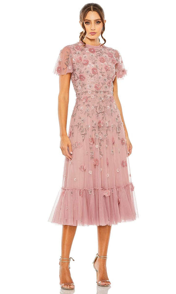 A-line High-Neck Natural Waistline Cocktail Tea Length Sequined Applique Sheer Mesh Beaded Floral Print Polyester Sheer Flutter Sleeves Dress With Ruffles