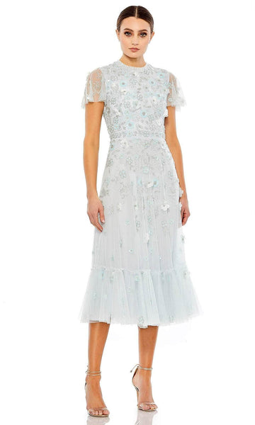 A-line Sheer Flutter Sleeves Cocktail Tea Length Polyester Mesh Sheer Applique Beaded Sequined Floral Print High-Neck Natural Waistline Dress With Ruffles