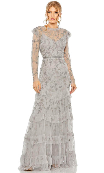 Natural Waistline Ruffle Trim Flutter Long Sleeves Illusion Sheer Back Pleated Sheer Beaded Back Zipper Mesh Tiered Floral Print Mermaid High-Neck Polyester Evening Dress with a Brush/Sweep Train