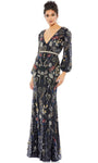 V-neck Polyester Hidden Back Zipper Sequined Beaded Bishop Sleeves Floor Length Sheath General Print Natural Waistline Sheath Dress/Evening Dress