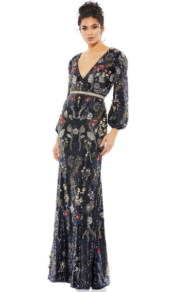 V-neck Hidden Back Zipper Beaded Sequined Polyester Natural Waistline Floor Length General Print Sheath Bishop Sleeves Sheath Dress/Evening Dress