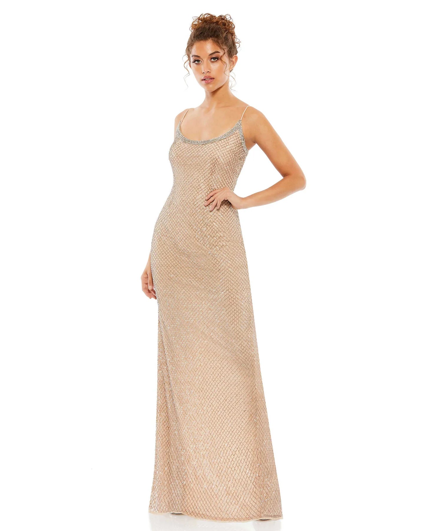 Modest Scoop Neck Sleeveless Spaghetti Strap Floor Length Natural Waistline Sequined Beaded Slit Back Zipper Fitted Sheath Sheath Dress/Evening Dress/Prom Dress/Party Dress