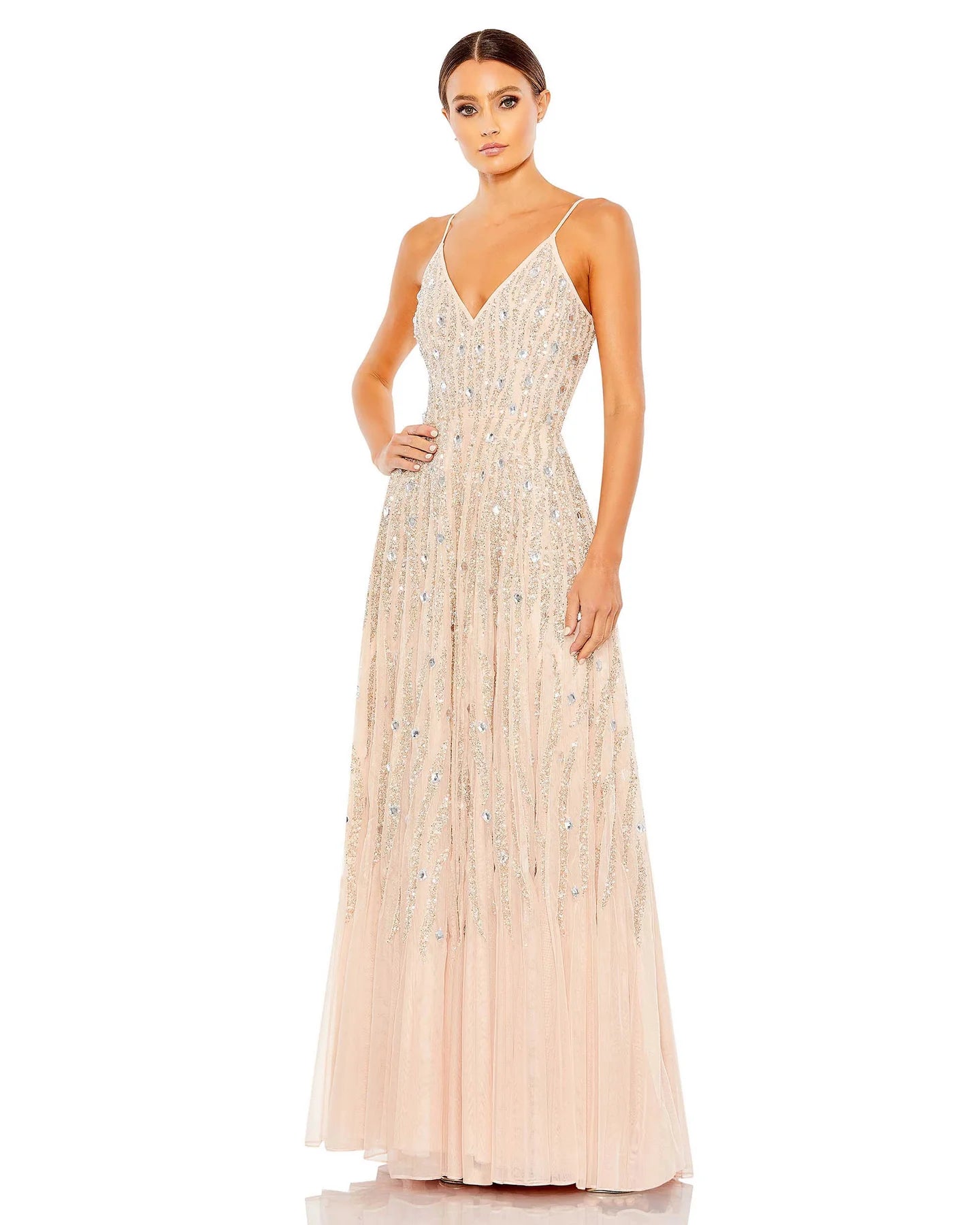 A-line V-neck Floor Length Sleeveless Spaghetti Strap Flowy Beaded Fitted Back Zipper Sequined V Back Open-Back Natural Waistline Tulle Fit-and-Flare Party Dress with a Brush/Sweep Train