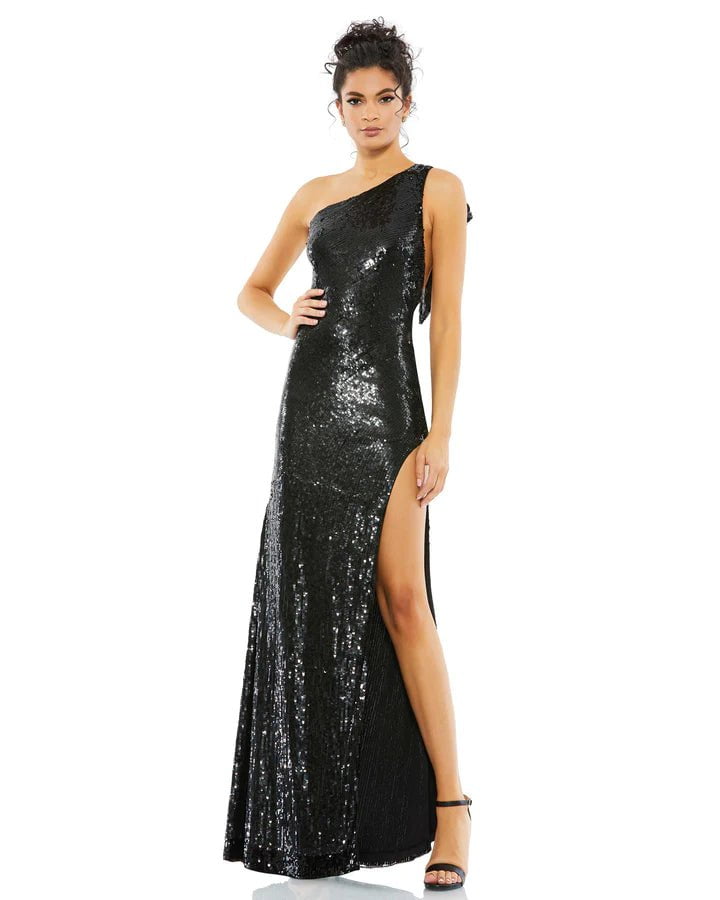 Floor Length Natural Waistline One Shoulder Sleeveless Slit Fitted Open-Back Asymmetric Sequined Sheath Sheath Dress/Prom Dress/Party Dress With a Bow(s)