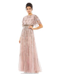 Modest A-line Jeweled Neck Natural Waistline Floor Length Sequined Flowy Beaded Back Zipper Evening Dress