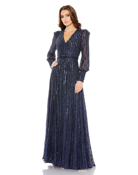 A-line V-neck Natural Waistline Sheer Sequined Faux Wrap Back Zipper Semi Sheer Long Sleeves Evening Dress with a Brush/Sweep Train