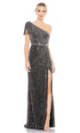 Natural Waistline One Shoulder Floor Length Asymmetric Draped Slit Beaded Sheath Sheath Dress/Evening Dress With a Bow(s) and Pearls