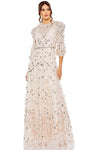 Sophisticated A-line Floor Length Polyester Natural Waistline Jeweled Neck Fall Bishop Puff Sleeves Sleeves Floral Print Illusion Jeweled Applique Back Zipper Beaded Evening Dress