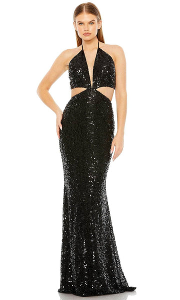 Sexy V-neck Sheath Sleeveless Polyester Open-Back Cutout Sequined Halter Plunging Neck Natural Waistline Sheath Dress/Prom Dress/Party Dress with a Brush/Sweep Train