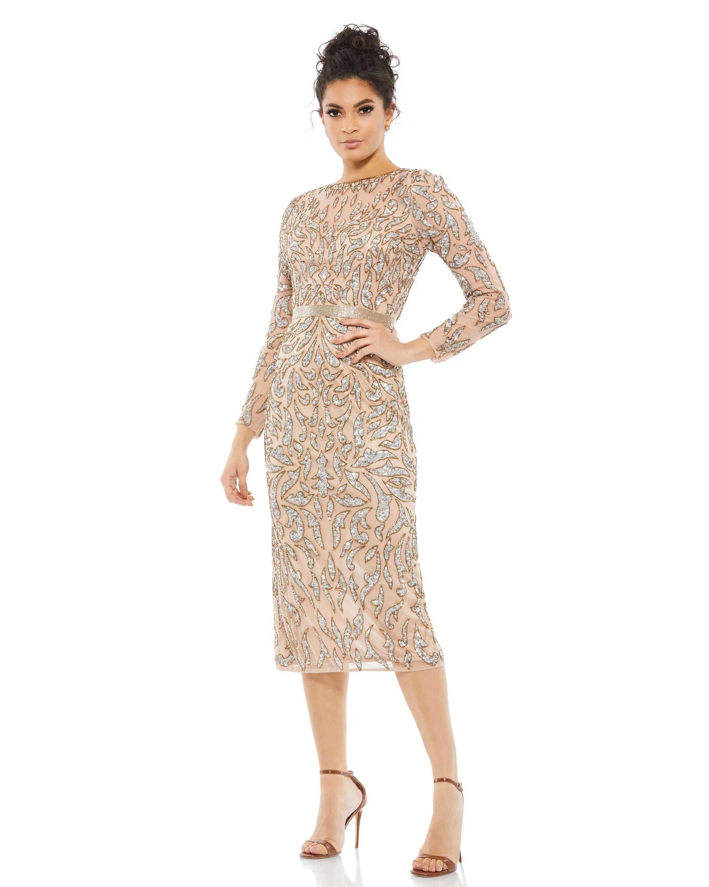 Modest Sheath Above the Knee Back Zipper Slit Fitted Beaded Sequined Jeweled Neck Natural Waistline Long Sleeves Sheath Dress