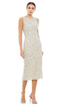 Sheath Sleeveless Natural Waistline Tea Length Sequined Back Zipper Slit Jeweled Neck Sheath Dress