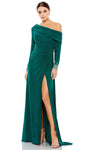 A-line Open-Back Shirred Jeweled Asymmetric Back Zipper Pleated Gathered Slit Long Sleeves Flared-Skirt Natural Waistline Evening Dress with a Brush/Sweep Train