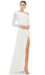 A-line Flared-Skirt Slit Gathered Jeweled Shirred Asymmetric Back Zipper Open-Back Pleated Long Sleeves Natural Waistline Evening Dress with a Brush/Sweep Train