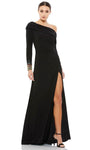 A-line Flared-Skirt Natural Waistline Pleated Shirred Slit Jeweled Open-Back Asymmetric Back Zipper Gathered Long Sleeves Evening Dress with a Brush/Sweep Train