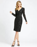 V-neck Long Sleeves Empire Waistline Sheath Pleated Sequined Back Zipper Above the Knee Sheath Dress/Evening Dress