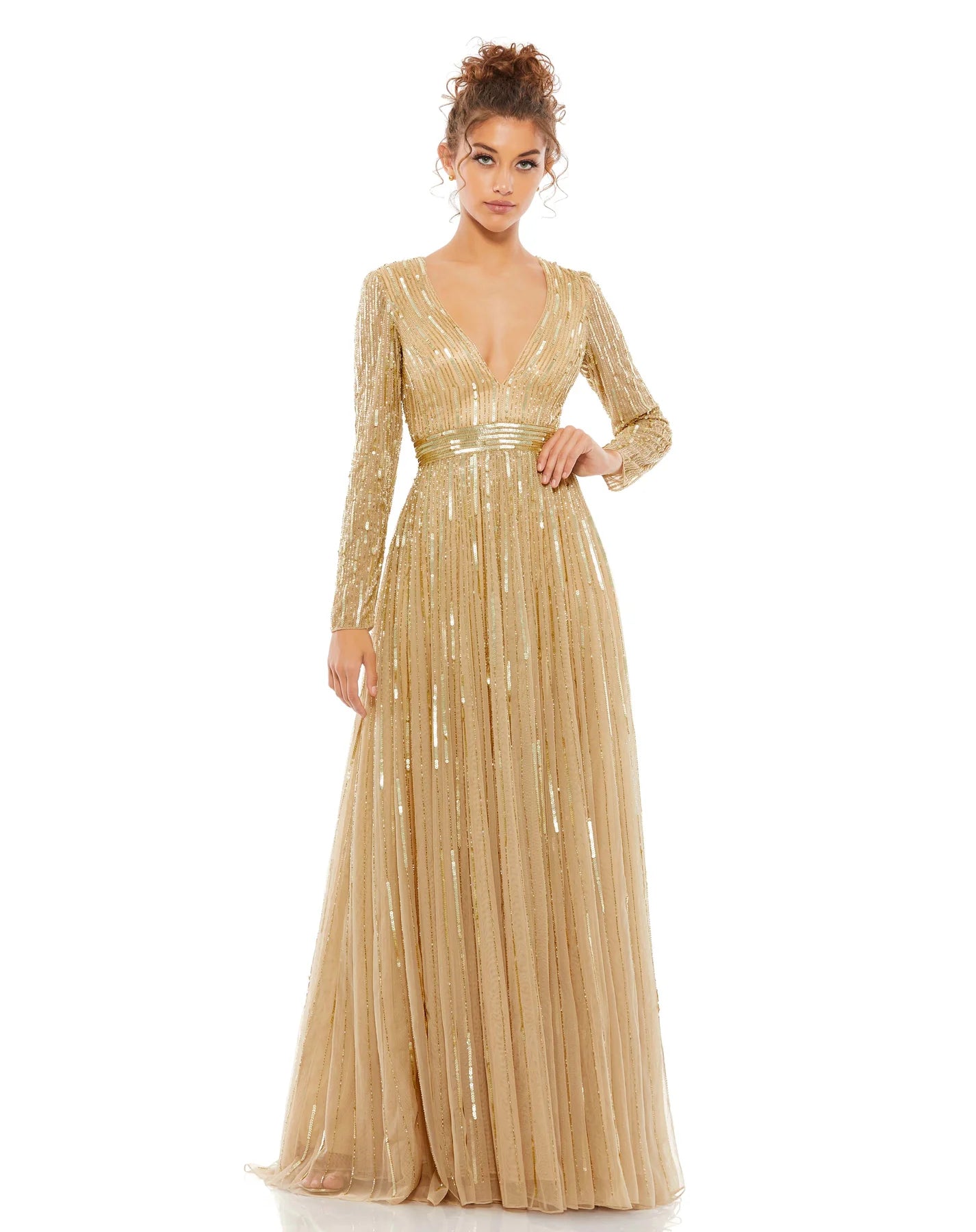 Sexy A-line V-neck Floor Length Plunging Neck Sequined Sheer Back Zipper Beaded Long Sleeves Natural Waistline Vertical Stripe Print Evening Dress/Mother-of-the-Bride Dress with a Brush/Sweep Train