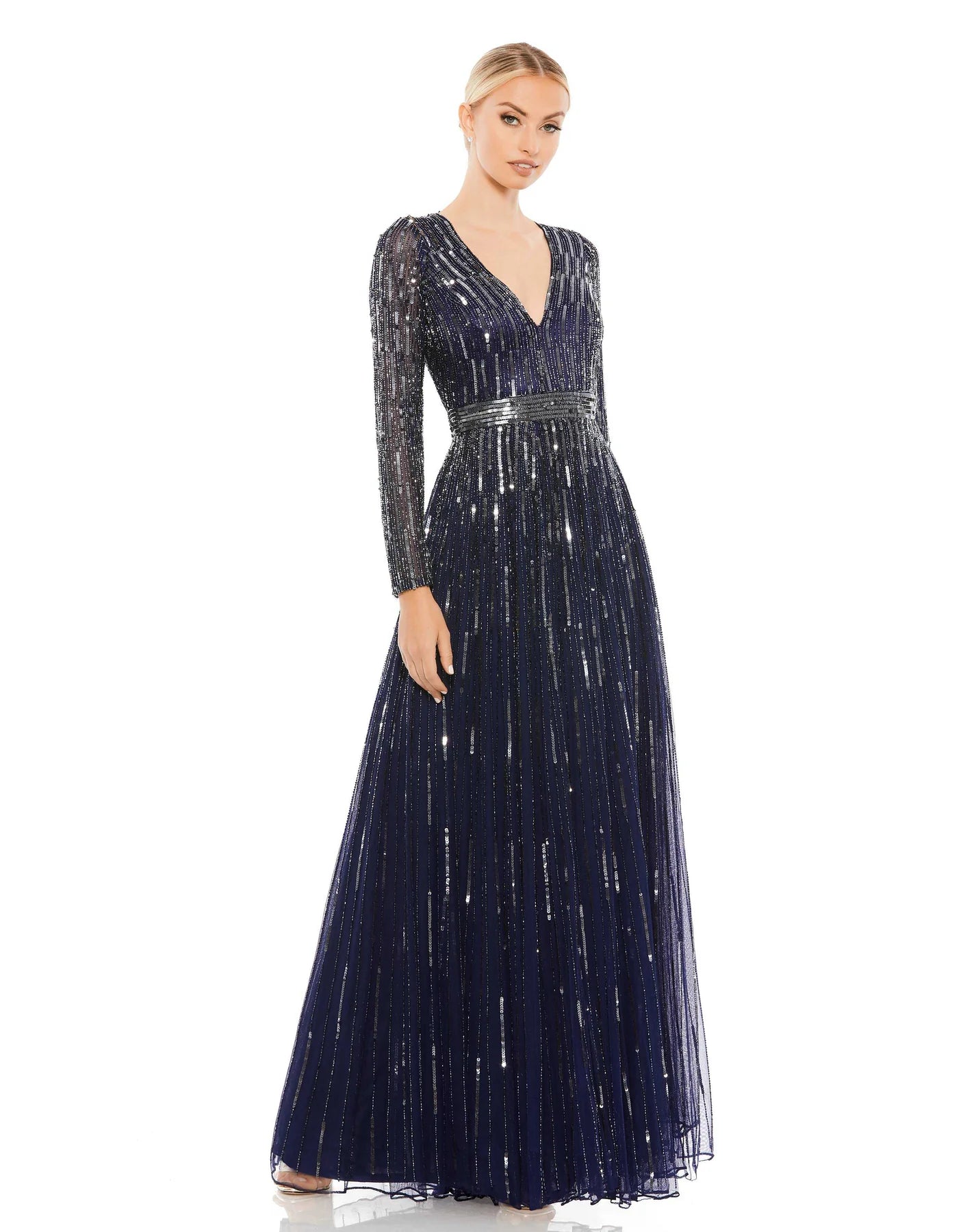 Sexy A-line V-neck Floor Length Vertical Stripe Print Sheer Back Zipper Sequined Beaded Natural Waistline Plunging Neck Long Sleeves Evening Dress/Mother-of-the-Bride Dress with a Brush/Sweep Train
