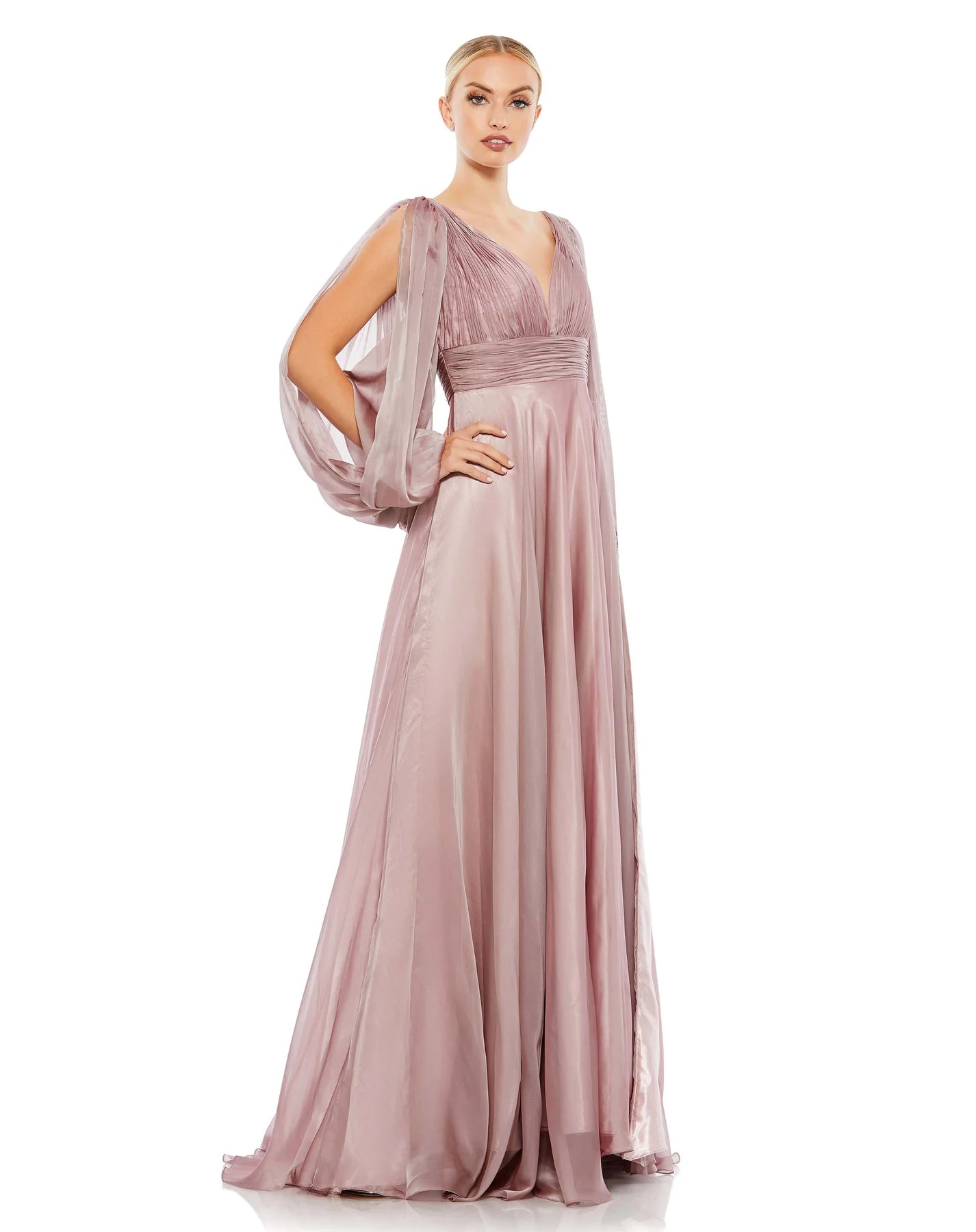 A-line V-neck Plunging Neck Empire Waistline Bishop Flutter Long Sleeves V Back Goddess Ruched Beaded Hidden Back Zipper Pleated Floor Length Evening Dress