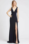 V-neck Pleated V Back Slit Sheath Sleeveless Natural Waistline Plunging Neck Sheath Dress with a Brush/Sweep Train With Ruffles