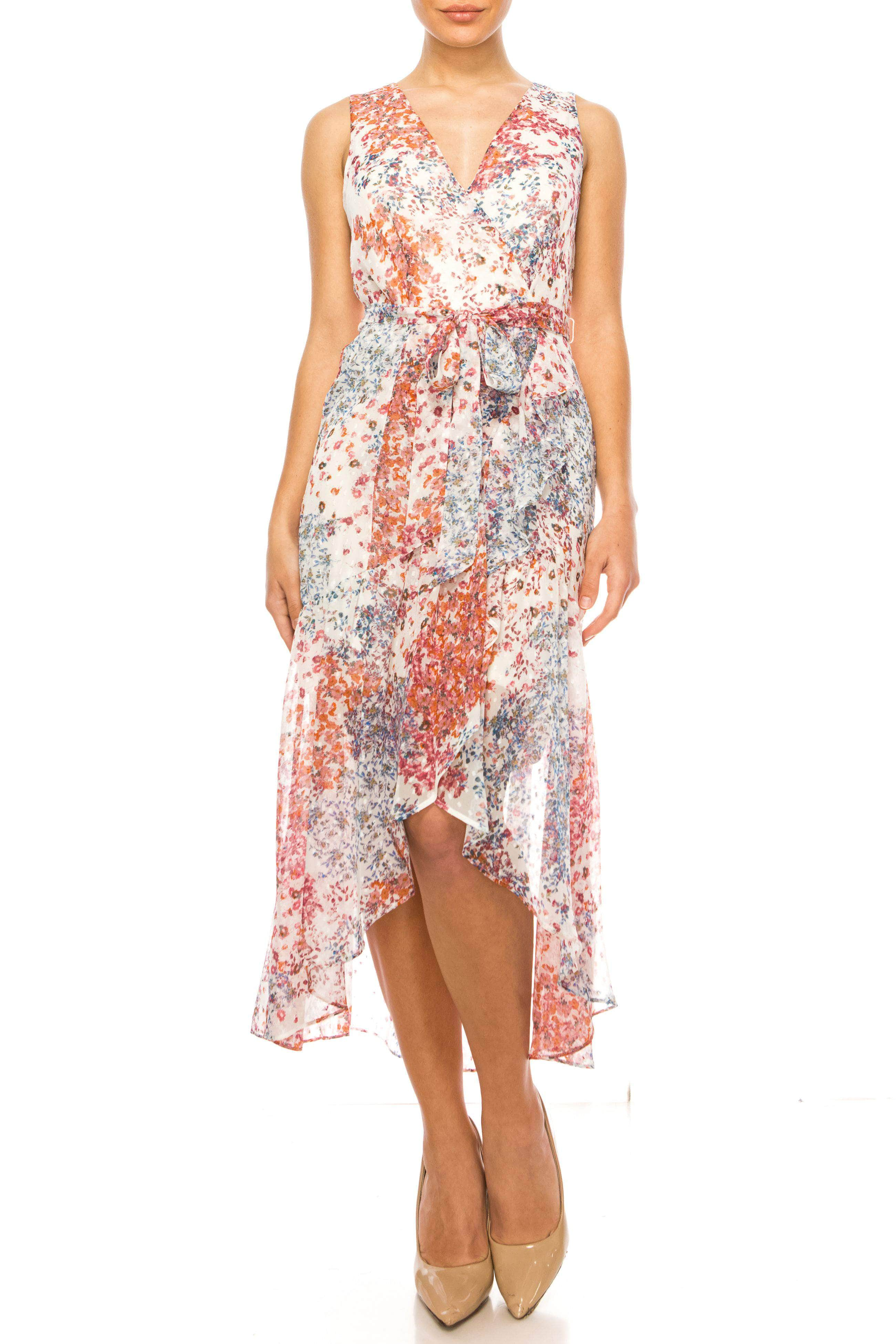 Maison Tara 91760M - Floral Printed V-Neck Cocktail Dress
