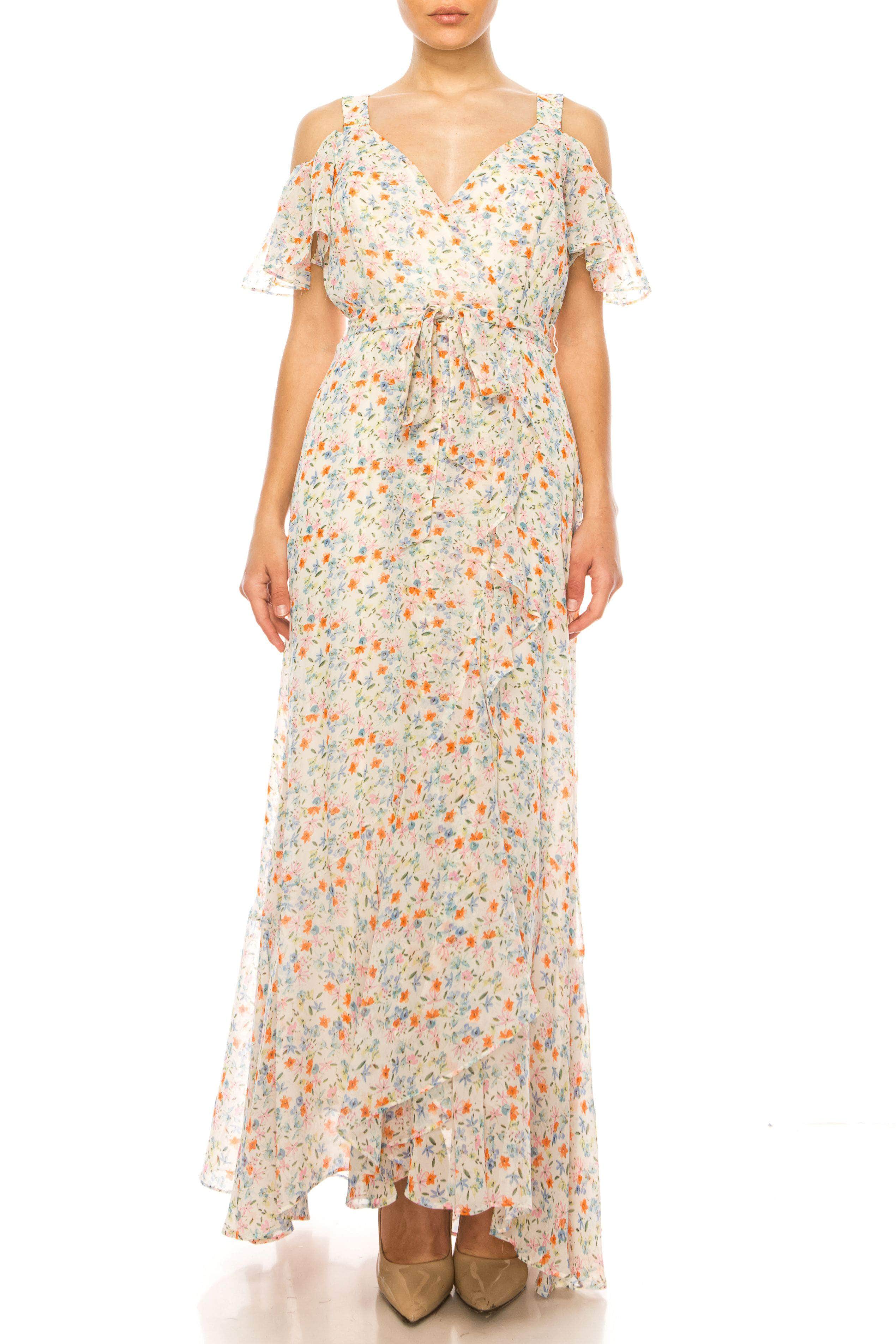 Maison Tara 92034M - Floral Cold Shoulder Dress
