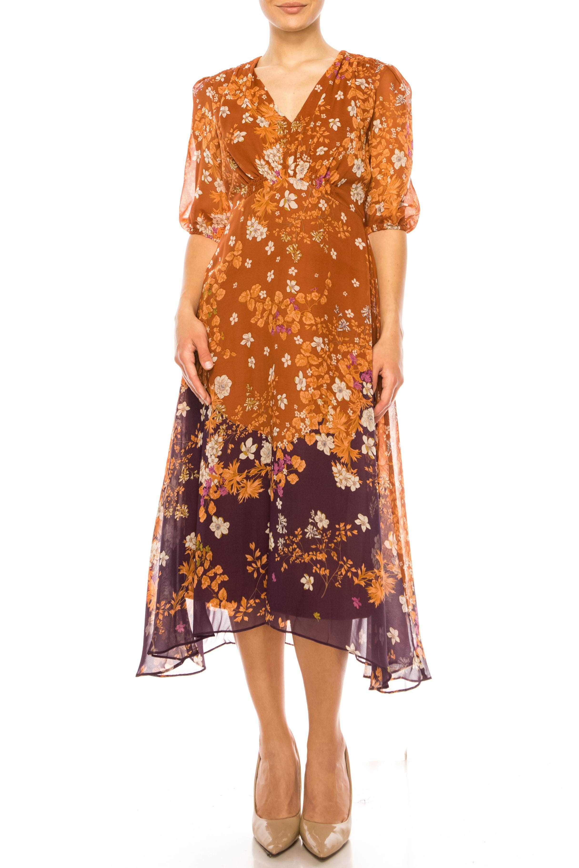 Maison Tara 96036M - Floral Printed Knee-Length Formal Dress
