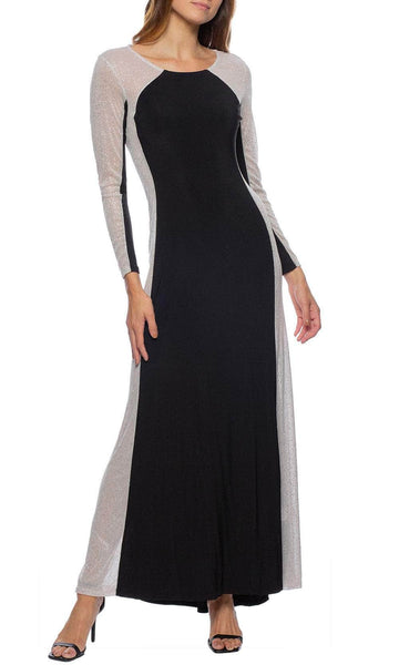 A-line Natural Waistline Scoop Neck Semi Sheer Beaded Colorblocking Fitted Back Zipper Long Sleeves Fit-and-Flare Floor Length Evening Dress