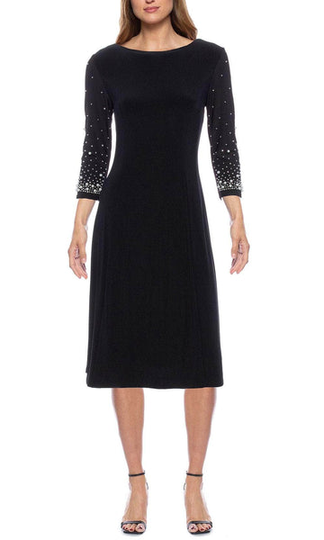 A-line Natural Waistline Above the Knee 3/4 Sleeves Bateau Neck Jeweled Beaded Little Black Dress