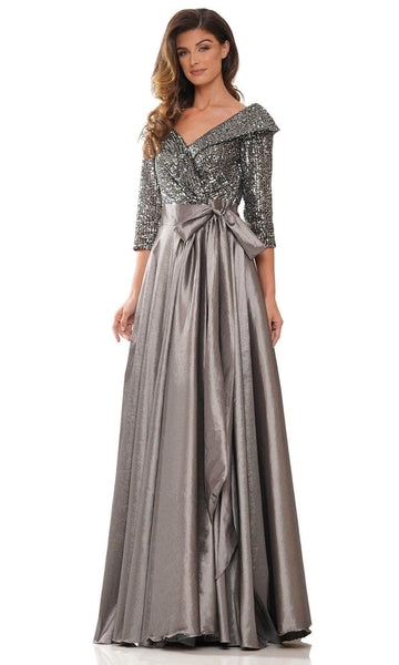 Sophisticated A-line V-neck Taffeta Wrap Sequined Ruched Collared Portrait Neck Natural Waistline Floor Length Evening Dress With a Bow(s)