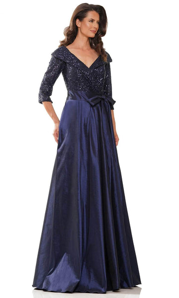 Sophisticated A-line V-neck Wrap Ruched Sequined Natural Waistline Collared Portrait Neck Floor Length Taffeta Evening Dress With a Bow(s)