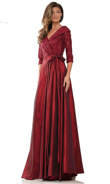 Sophisticated A-line V-neck Natural Waistline Collared Portrait Neck Taffeta Ruched Wrap Sequined Floor Length Evening Dress With a Bow(s)