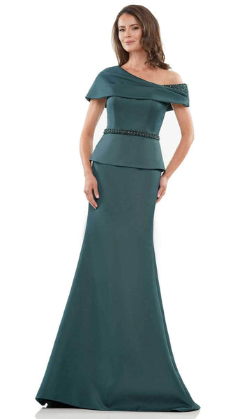 Natural Waistline Satin Mermaid Short Sleeves Sleeves Off the Shoulder Pleated Belted Beaded Peplum Asymmetric Open-Back Back Zipper Dress with a Brush/Sweep Train