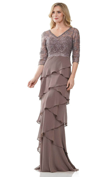 Modest V-neck Sheath Beaded Back Zipper Illusion Applique Tiered Open-Back Embroidered Natural Waistline 3/4 Sleeves Sweetheart Sheath Dress with a Brush/Sweep Train