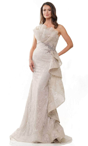 One Shoulder Sleeveless Lace Mermaid Crumb Catcher Neck Draped Back Zipper Beaded Applique Open-Back Asymmetric Natural Waistline Dress with a Brush/Sweep Train With Ruffles