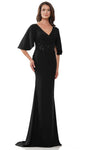 V-neck Mermaid Beaded Hidden Back Zipper Faux Wrap Natural Waistline Elbow Length Sleeves Crepe Evening Dress with a Brush/Sweep Train