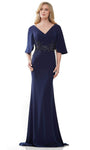 V-neck Natural Waistline Elbow Length Sleeves Faux Wrap Beaded Hidden Back Zipper Crepe Mermaid Evening Dress with a Brush/Sweep Train