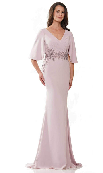 V-neck Elbow Length Sleeves Crepe Mermaid Beaded Hidden Back Zipper Faux Wrap Natural Waistline Evening Dress with a Brush/Sweep Train