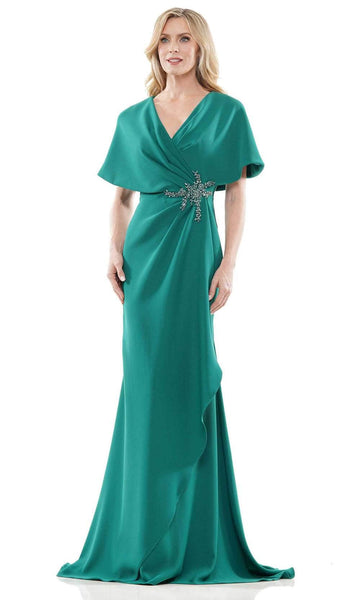 Sophisticated V-neck Hidden Back Zipper Beaded Draped Wrap Elasticized Empire Waistline Crepe Mermaid Evening Dress with a Brush/Sweep Train