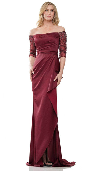 Sophisticated Natural Waistline Off the Shoulder Back Zipper Ruched Fitted Slit Crepe Sheath Straight Neck Sheath Dress/Evening Dress With Ruffles