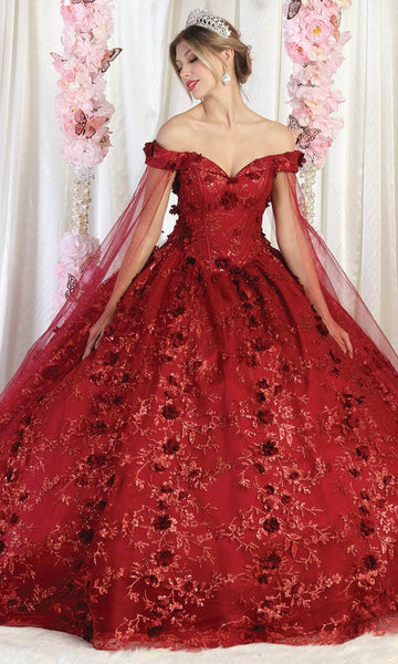 Floral Print Off the Shoulder Natural Waistline Fitted Applique Lace-Up Sweetheart Quinceanera Dress