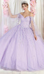 Sophisticated Basque Waistline Bell Sleeves Off the Shoulder Sweetheart Lace-Up Applique Glittering Mesh Sheer Floral Print Ball Gown Quinceanera Dress