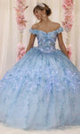 Sophisticated Floral Print Sweetheart Basque Natural Waistline Floor Length Off the Shoulder Glittering Sheer Lace-Up Applique Ball Gown Quinceanera Dress