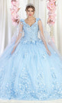 V-neck Floor Length Beaded Sheer Glittering Mesh Applique Natural Waistline Floral Print Quinceanera Dress