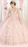 V-neck Floor Length Floral Print Mesh Glittering Applique Sheer Beaded Natural Waistline Quinceanera Dress