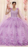 V-neck Natural Waistline Floor Length Beaded Sheer Applique Mesh Glittering Floral Print Quinceanera Dress