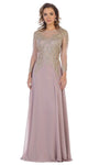 Sheath Long Sleeves Natural Waistline Jeweled Neck Fitted Embroidered Sheer Floor Length Sheath Dress